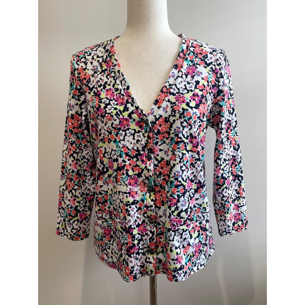 Rafaella V-Neck Cardigan Top Womens L Floral With Pockets 3/4 Sleeve